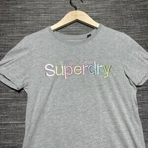 Superdry Top T Shirt Women's 8 Gray Embroidered Letters